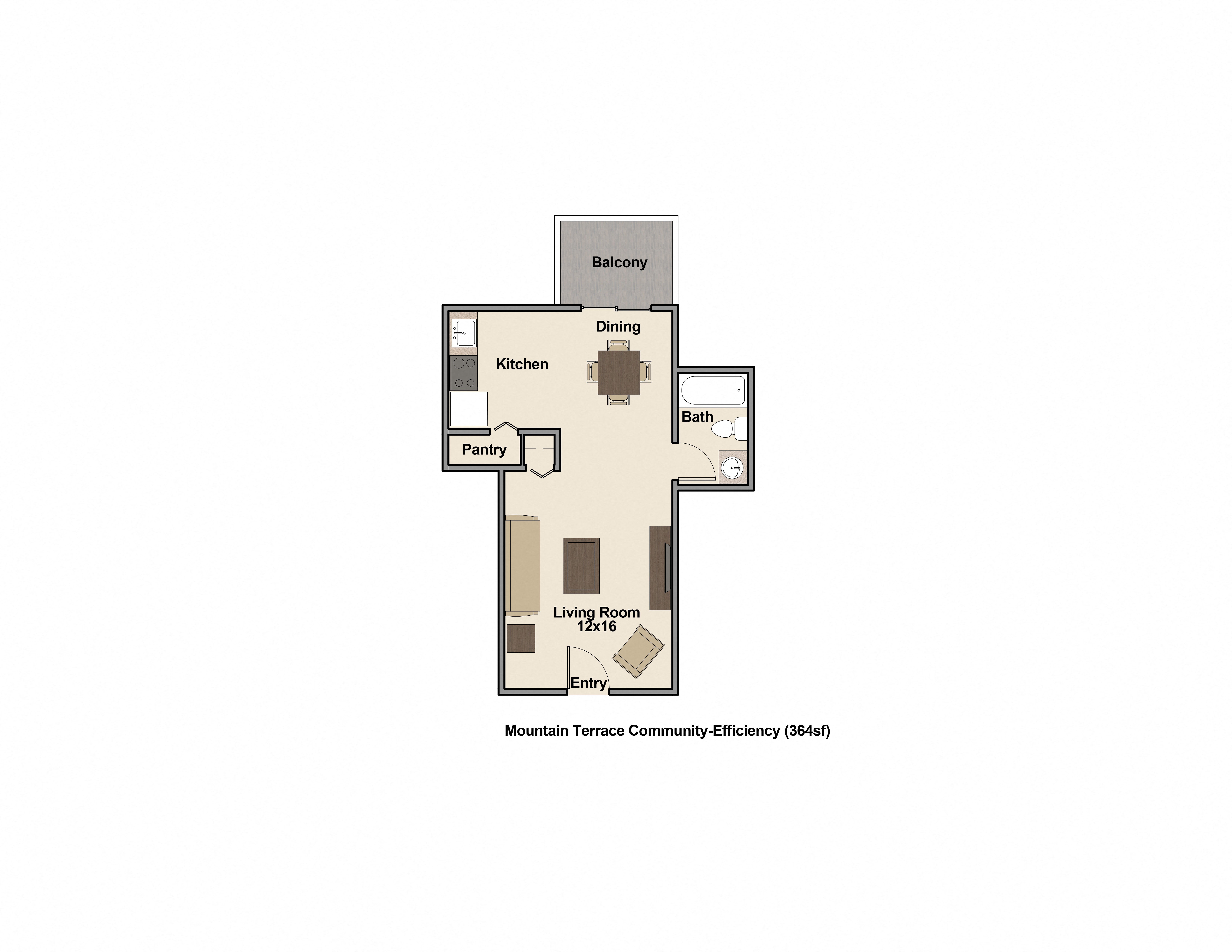 Studio Apartment Floor Plan at Mountain Terrace, Westminster, 80031