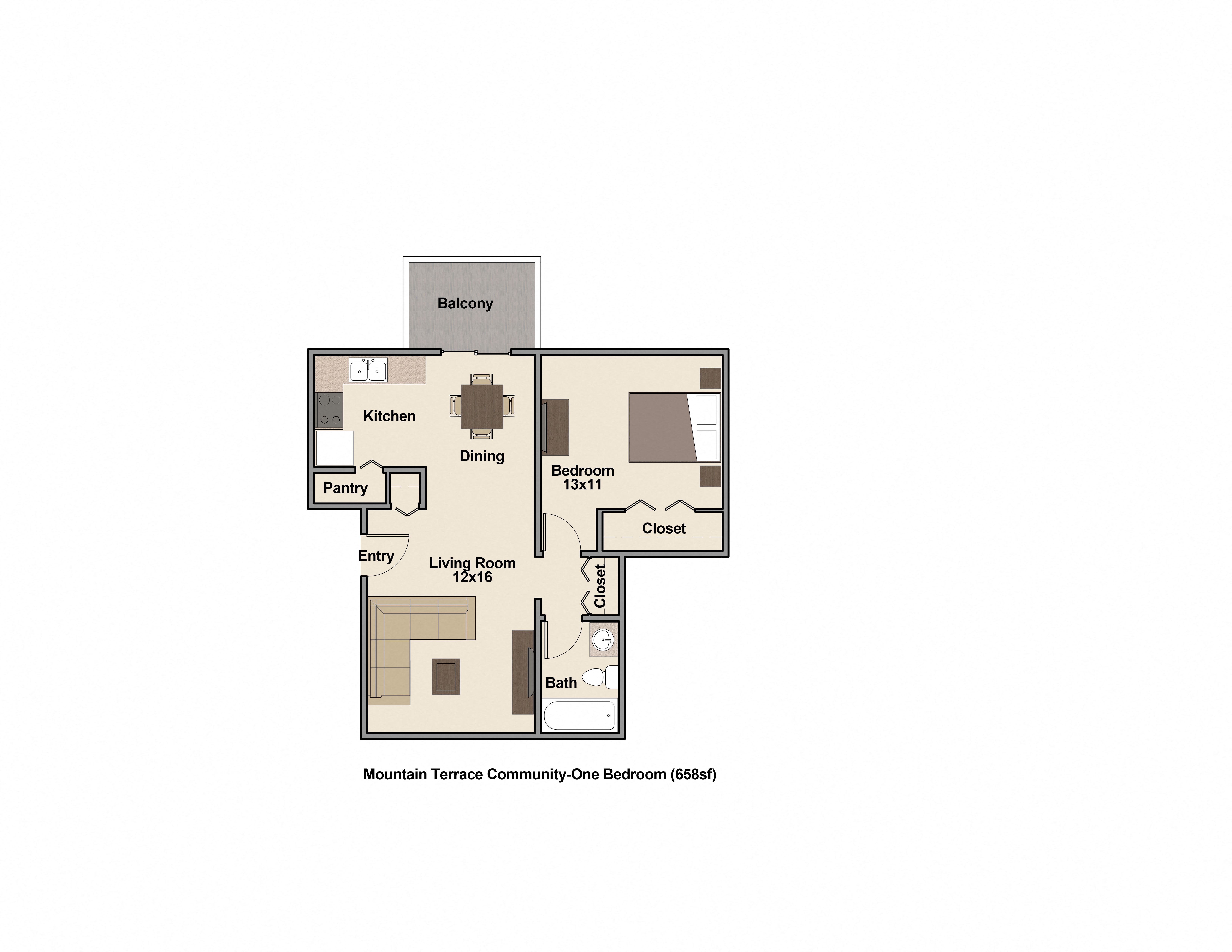 One Bedroom Floor Plan at Mountain Terrace, Westminster Colorado