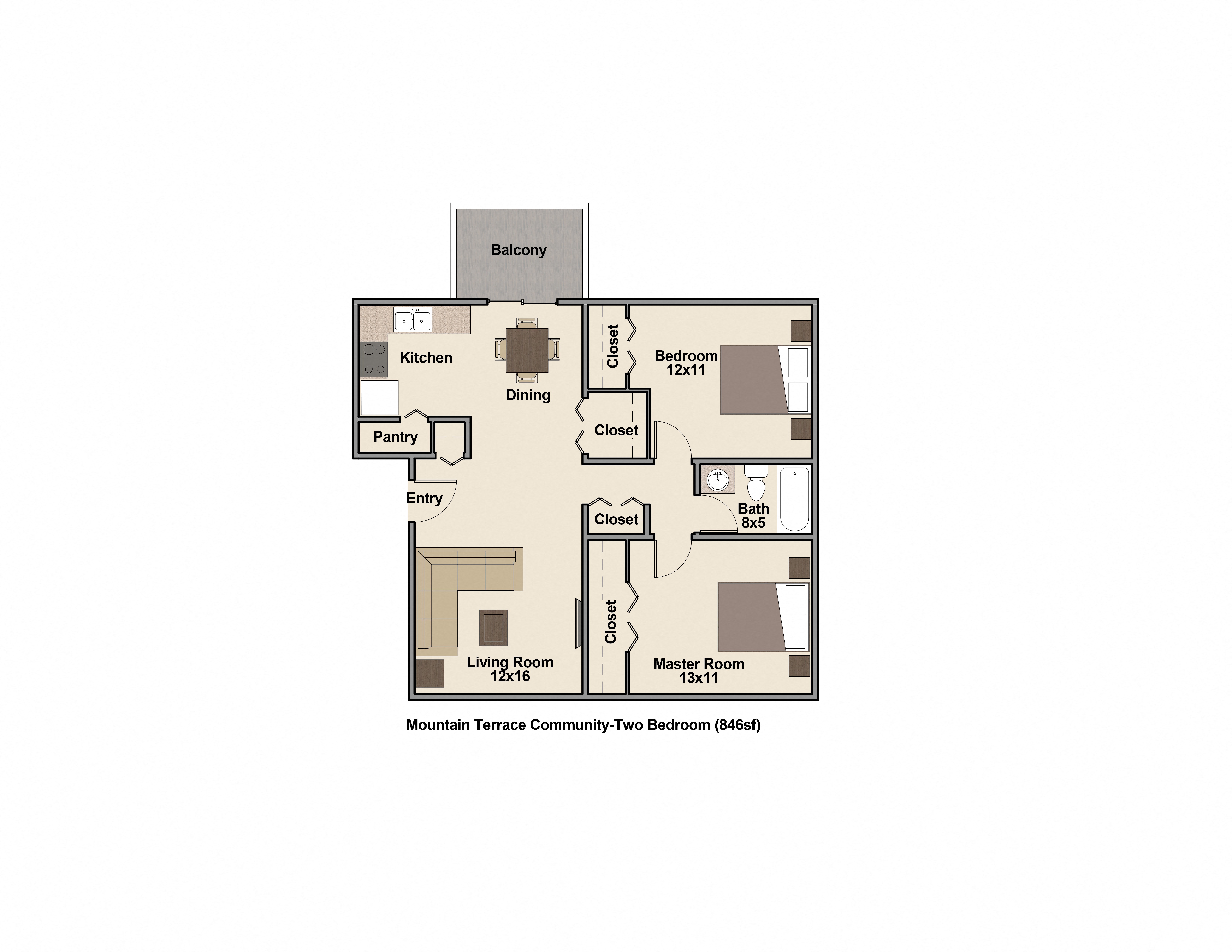 Two Bedroom Floor Plan at Mountain Terrace, Westminster
