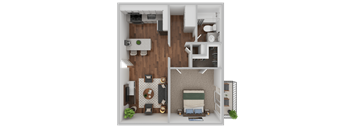 A top-down view of a small apartment with a bedroom, living room, and kitchen.