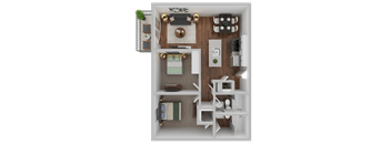 A 3D floor plan of a small apartment with a living room, kitchen, and bathroom.