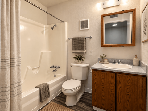 A bathroom with a toilet, sink, and shower.