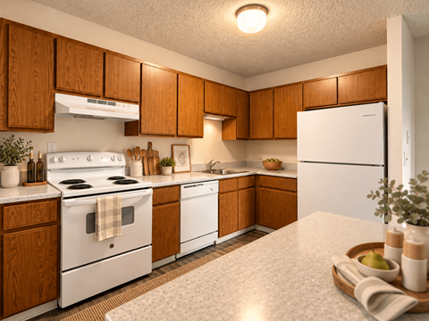A kitchen with white appliances and wooden cabinets.