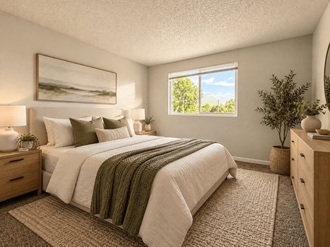 A bedroom with a large bed and a painting on the wall.