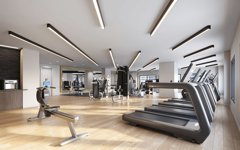 A gym with treadmills and other exercise equipment.