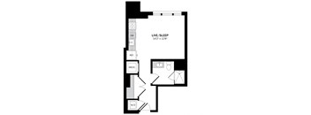 A black and white image of a floor plan for a live/sleep space.