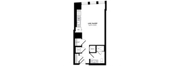 A floor plan of a live/sleep room with a closet, a work desk, and a mech.