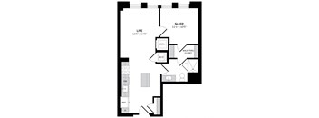 A floor plan of a small apartment with a sleeping area, a living room, a kitchen, and a bathroom.