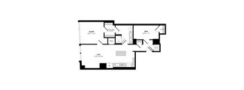 A floor plan of a house with a sleeping area, a living area, a den, a bathroom, a kitchen, a walk-through closet, and a reference room.