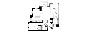 A black and white image of a floor plan for a home with two bedrooms, a living room, and a kitchen.