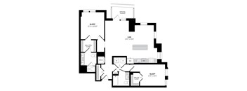 A black and white image of a floor plan for a house with two bedrooms, a living room, a kitchen, and a bathroom.