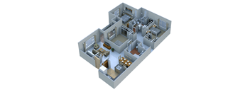 A 3D rendered image of a house layout.