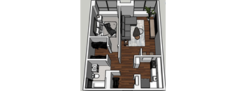 A drawing of a house plan with a living room, kitchen, and bathroom.