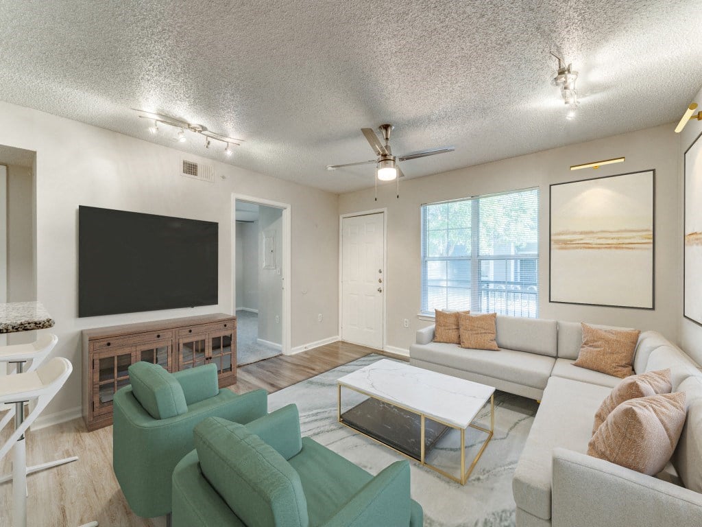 a living room with a couch and a coffee table