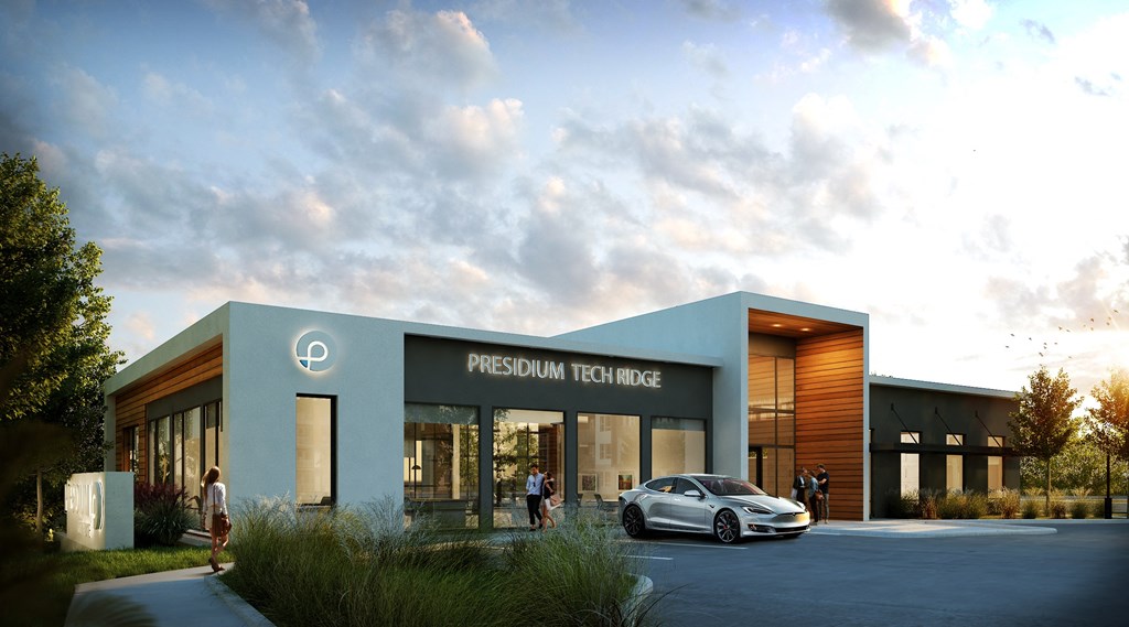 a rendering of a building with a car parked in front of it