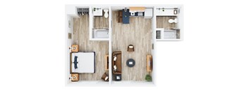A top down view of a small apartment with a bed, a couch, a table, and a kitchenette.