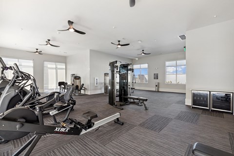 Apartment fitness center with strength training equipment and natural light