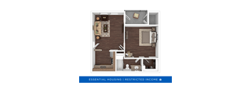 A floor plan of a small apartment with a kitchen, living room, and bedroom.