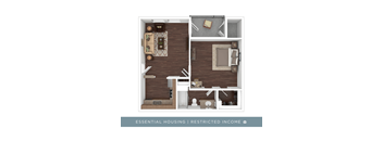 A floor plan of a small apartment with a kitchen, living room, and bedroom.
