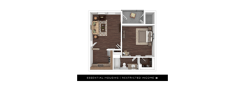 A floor plan of a small apartment with a kitchen, living room, and bedroom.