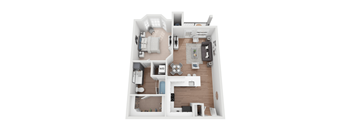 A top-down view of a small apartment with a bedroom, living room, and kitchen.