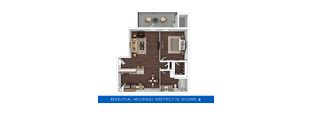 A floor plan of a small apartment with a kitchen, living room, and bedrooms.