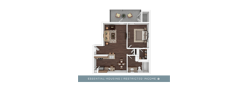 A floor plan of a small apartment with a kitchen, living room, and bedrooms.