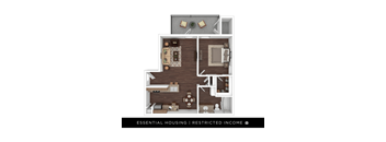 A floor plan of a small apartment with a kitchen, living room, and bedrooms.