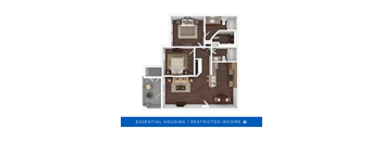 A floor plan of a small apartment with a kitchen, living room, and bedroom.