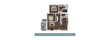 A floor plan of a small apartment with a kitchen, living room, and bedroom.