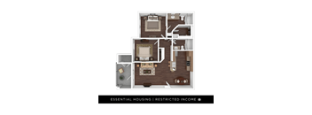 A diagram of a house layout with the text "ESSENTIAL HOUSING | RESTRICTED INCOME".