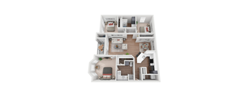 A 3D floor plan of a house with multiple rooms and furniture.
