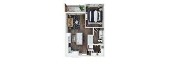 A top-down view of a small apartment with a kitchen, living room, and bathroom.