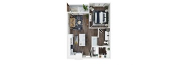 A top-down view of a small apartment with a kitchen, living room, and bathroom.