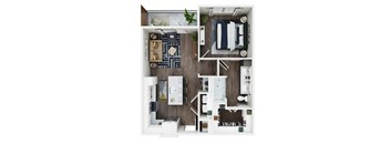 A top-down view of a small apartment with a kitchen, living room, and bathroom.