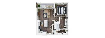 A top-down view of a small apartment with a kitchen, living room, and bathroom.