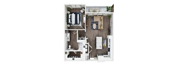 A top-down view of a small, neatly organized apartment.