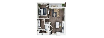 A top-down view of a small apartment with a kitchen, living room, and bathroom.