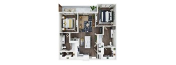 A top-down view of a small apartment with a kitchen, living room, and bathroom.