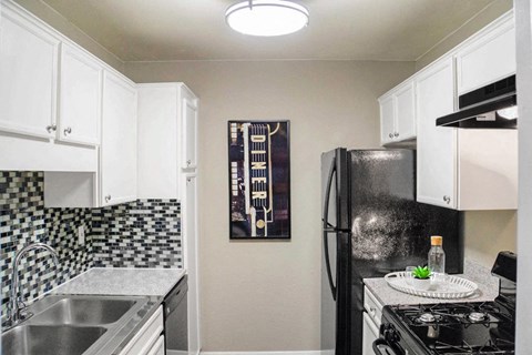 Fully Equipped Kitchen Includes Frost-Free Refrigerator, Electric Range, & Dishwasher at The Entro, Dallas, TX