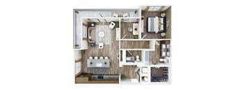 a 3d floor plan of a bedroom with a bathroom and a living room