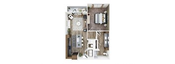 a stylized floor plan with a bedroom and living room