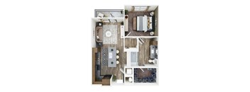 a stylized floor plan of a house with a bedroom and living room