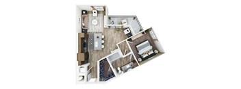 a 3d floor plan of a home with a bedroom and a living room