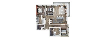a 3d floor plan of a bedroom with a bathroom and a living room