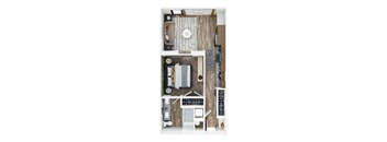 a stylized floor plan of a 1 bedroom apartment