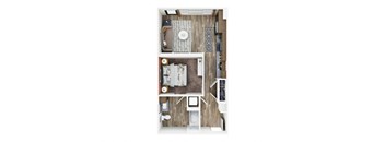 a stylized floor plan with a bedroom and a living room