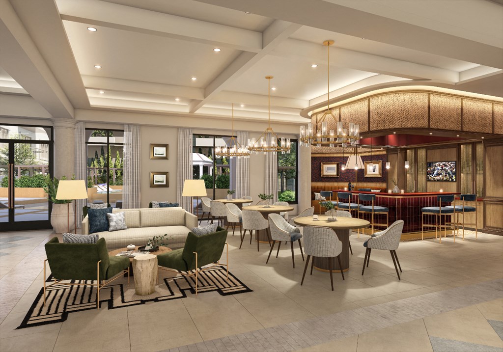 a rendering of the lobby of a hotel with tables and chairs