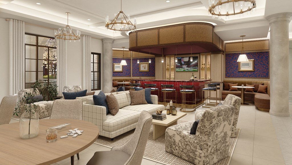 a rendering of a lobby with couches and tables