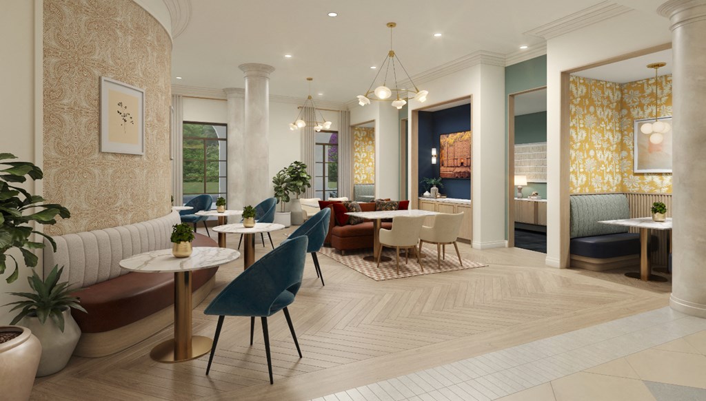 a rendering of a restaurant with tables and chairs and a living room